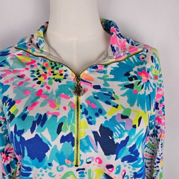 Lilly Pulitzer Skipper Pullover Top XS "Dive In" Half-Zip Tropical Blue Pink - Picture 2 of 11